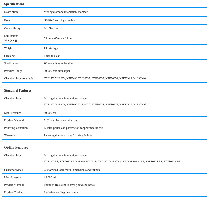 product specifications of Mixing Diamond Interaction Chamber